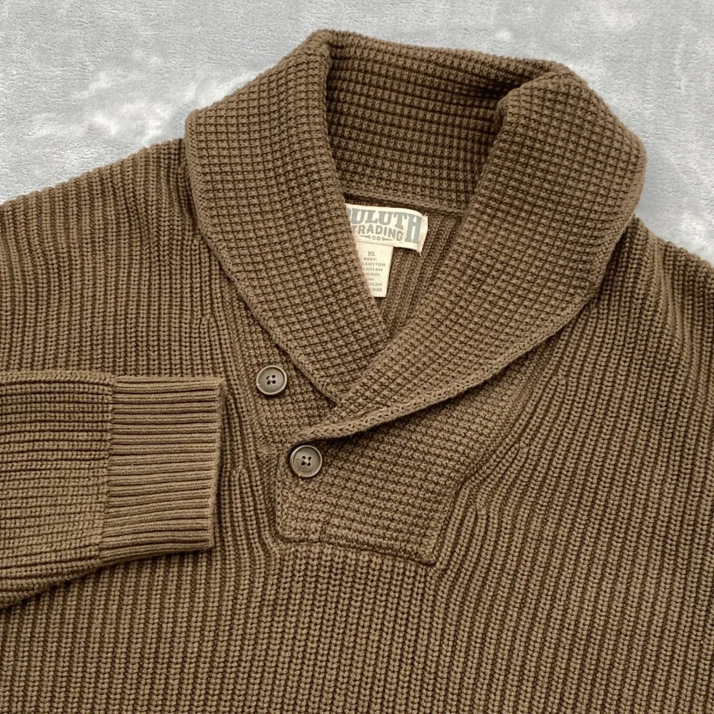 Duluth Trading Co Mens XL Brown Shawl Collar Ribbed Heavy Sweater Elbow Patches
